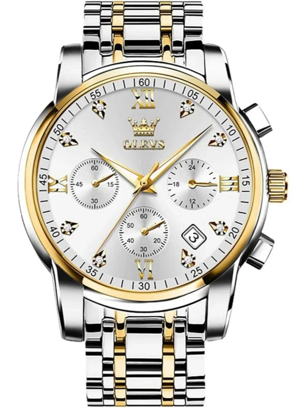 Men's White Face/Two Tone Strap Stainless Steel Chronograph Waterproof Watch